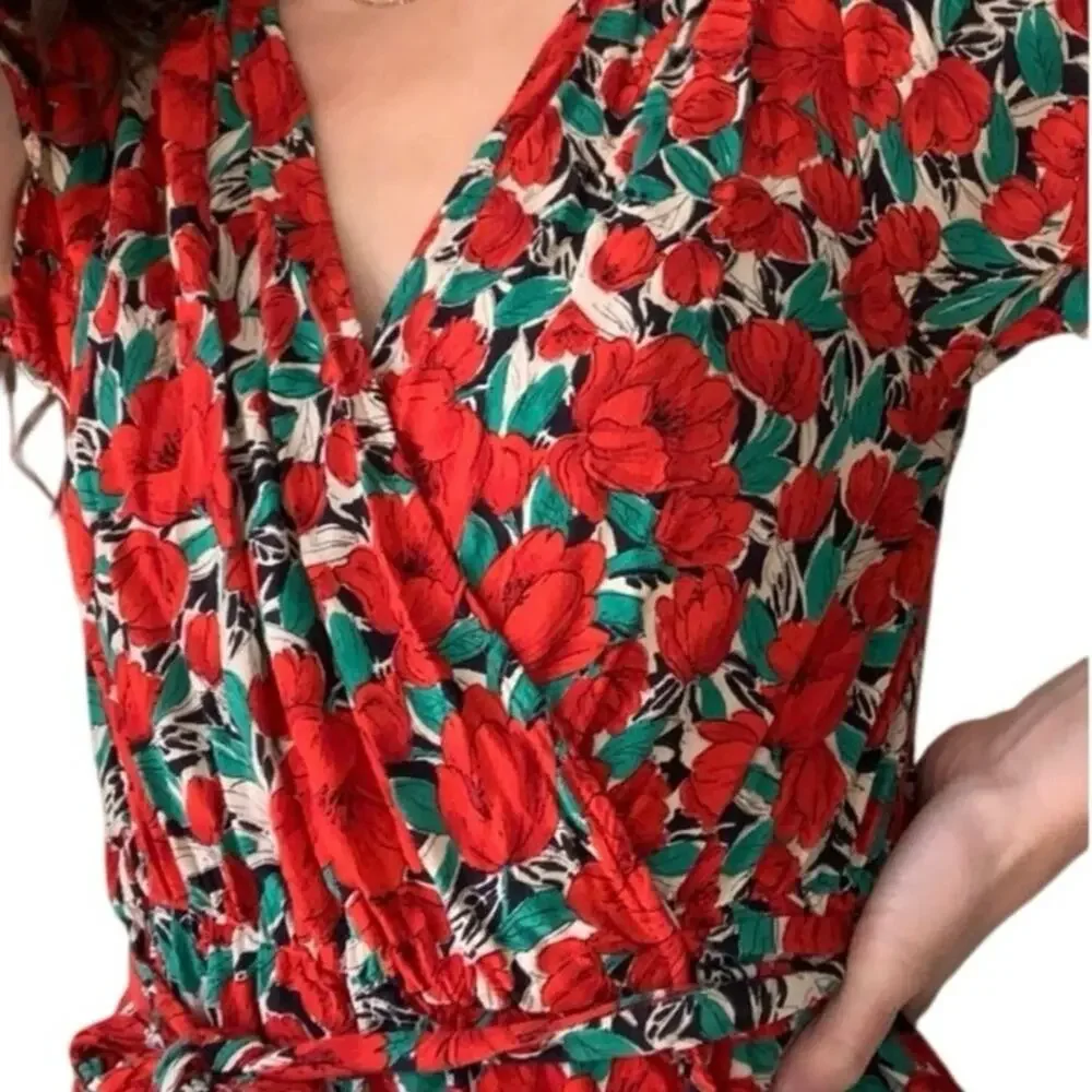 Zara Floral Vibrant Roses Whimsical Wrap Knee Length Dress Size Large. - Picture 5 of 5